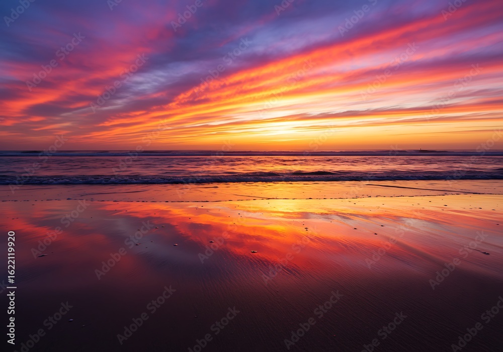 Fototapeta premium Fiery Sunset Ocean Reflection: Coastal Serenity