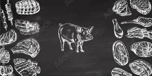 Meat  menu template in engraved vintage style on chlkboard  background. Hand-drawn sketches of barbecue meat pieces with herbs and seasonings. Background for meat restaurant.