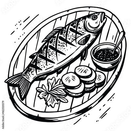 Grilled fish meal with side dishes and dipping sauce served on a wooden platter illustration