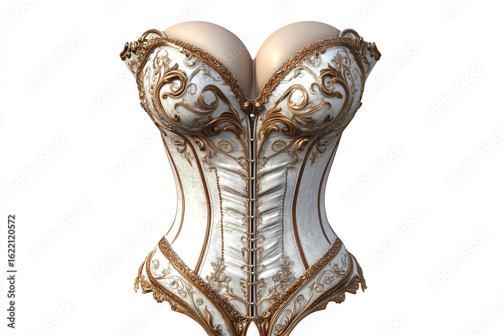 Fototapeta premium Elegant white corset with ornate gold trim, creating a vintage, luxurious, and sophisticated fashion statement
