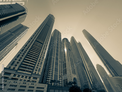 Photography Huge buildings in the city, tall skyscraper, looking up, wide angle photo, moder