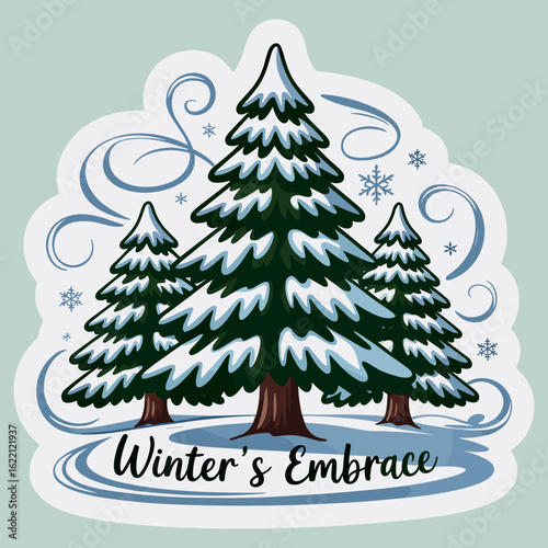Winter landscape featuring snow-covered pine trees with swirling wind and snowflakes showcasing a serene winter atmosphere