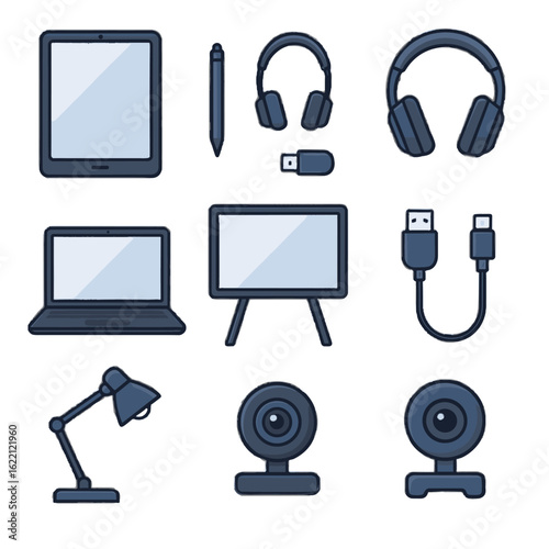 Stylus essentials cable learning webcam digital lamp whiteboard usb vector laptop icon