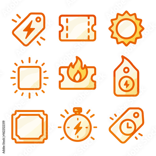 Flashing glowing discount square vector icon rapid tags deal tag lightning flame