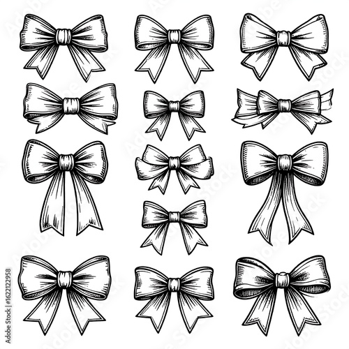 A collection of sixteen hand-drawn bows in varying styles