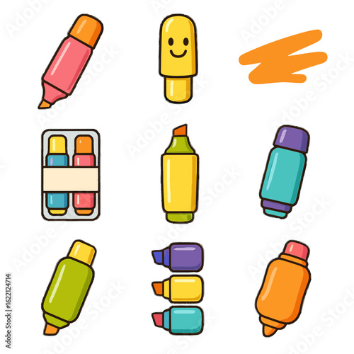 Cartoon kids highlighter tip vector stackable icon chunky set wide marker barrel