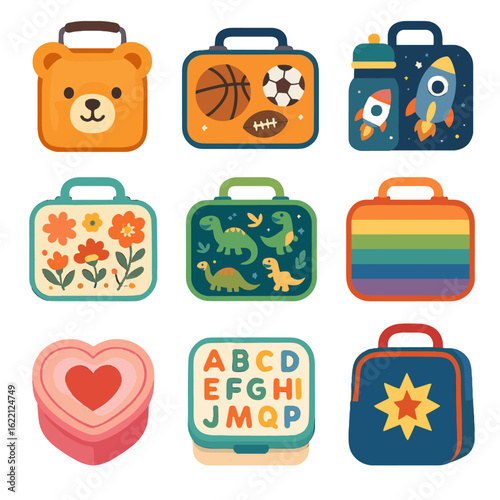 Superhero animal pattern dinosaur collection themed lid lunchbox box print icon vector