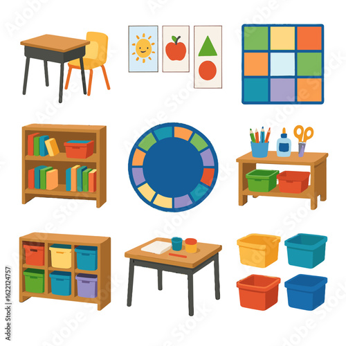 Classroom rug bright vector time elementary craft chairs story low chart set
