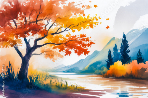 Autumn tree by water and mountains leaves river
