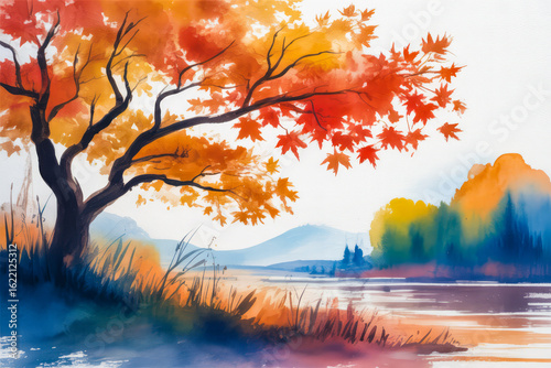 Autumn tree by water with colorful foliage leaves orange