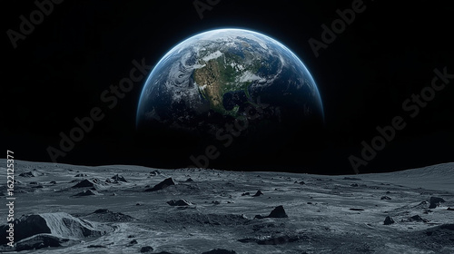 Earth's Vantage Point: An awe-inspiring view of planet earth rising over a lunar landscape, offering a unique perspective on our celestial home.
