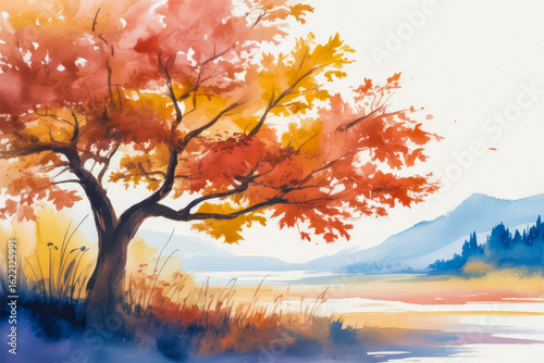Autumn tree by water with distant mountains leaves
