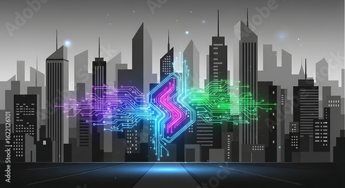 Glowing digital energy symbol with complex circuit data streams over a monochromatic city skyline. Future technology and urban innovation.