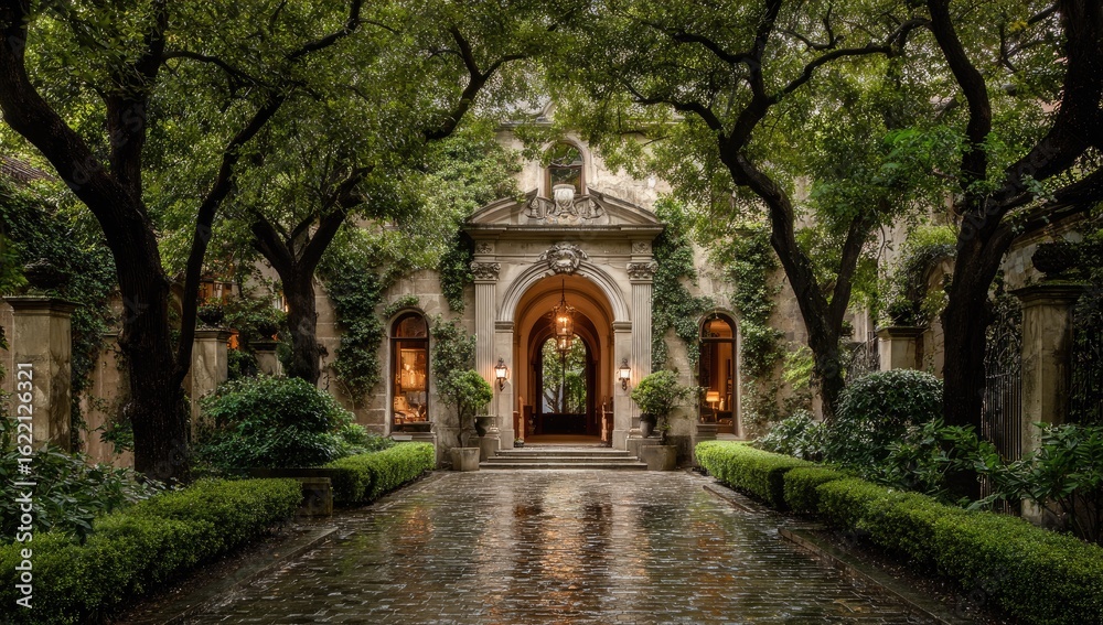 Fototapeta premium Grand estate entrance, lush greenery, arched doorway