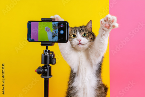 Funny cat dancing in front of a smartphone on tripod, recording a video for TikTok, colorful background, paw mid-air, viral social media vibe