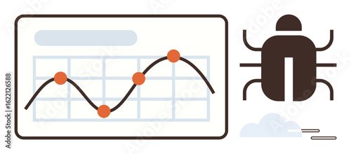 Line chart with data points connects bug illustration, emphasizing software debugging. Ideal for technology, programming, quality assurance, analytics, development, error detection, growth tracking