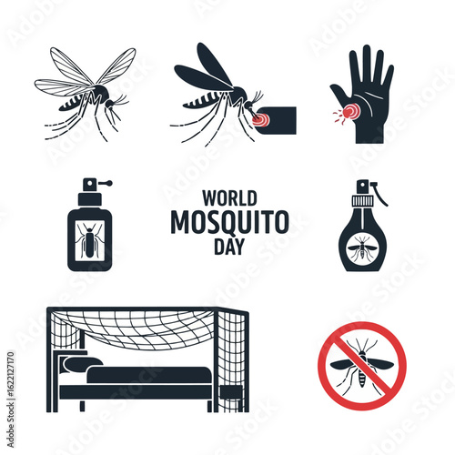 Vector art of world mosquito day infographic icons prevention, control, and awareness of mosquitoborne diseases, isolated on white background