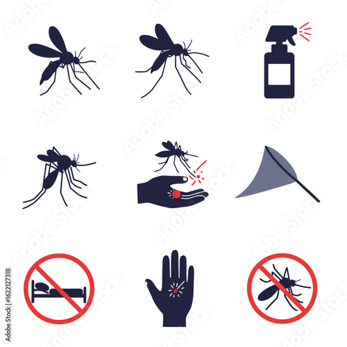 Vector art of collection of mosquitorelated icons illustrating prevention, control, and the dangers of bites and diseases, isolated on white background