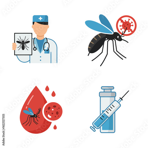 Vector art of medical professional examining mosquito and blood sample, illustrating disease transmission and prevention methods with vaccine icon
