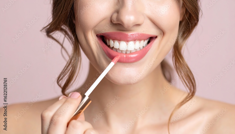 Close-up of a woman applying lip gloss, showcasing her bright smile and healthy complexion against a pale pink background Close-up of a woman applying lip gloss, showcasing her bright smile and healthy complexion against a pale pink background