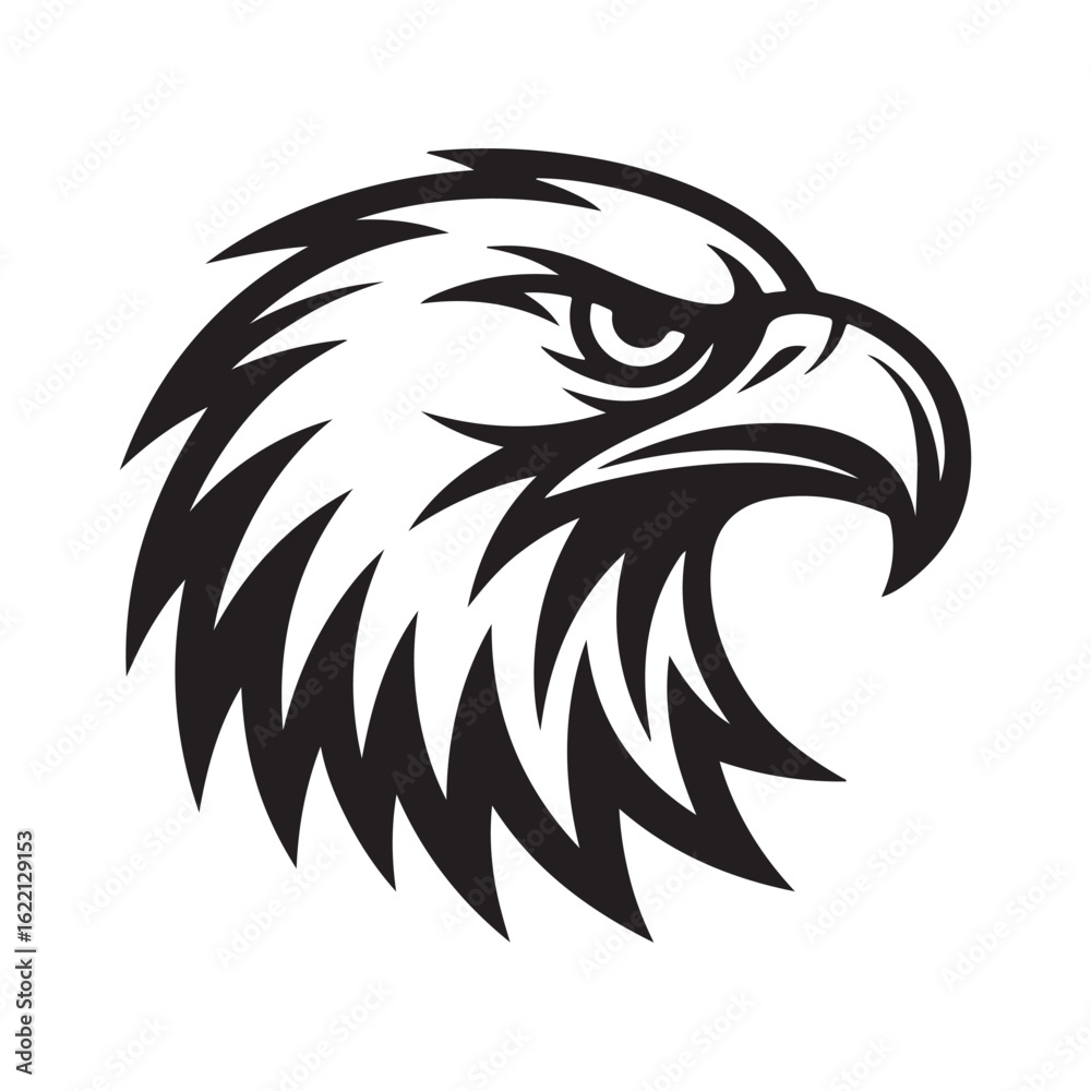 Obraz premium Tribal eagle head vector illustration in black and white. Aggressive hawk logo design, bold bird tattoo style graphic