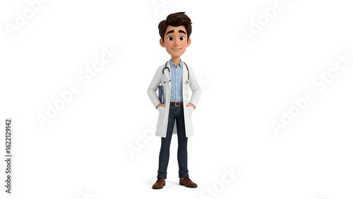 Cartoon illustration of a friendly young doctor in a white coat with a stethoscope.