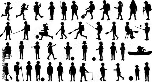 Kids doing various outdoor activities hobbies and sports outdoors vector silhouette set collection.
