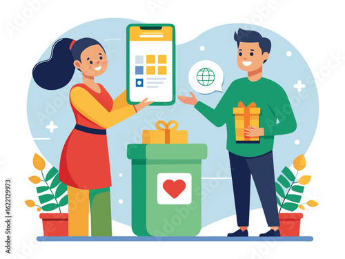 People donating gift via mobile app donation charity