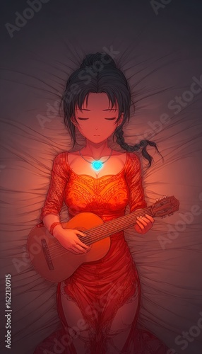 Woman playing ukulele in bed
