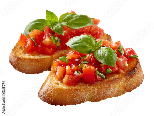 Bruschetta with tomatoes and basil, isolated on a white background