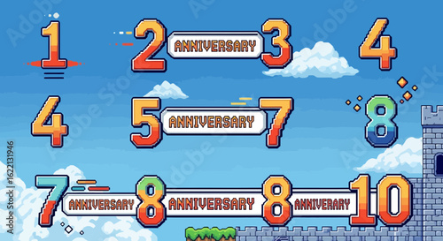 Celebrate milestones with vibrant pixel art anniversary numbers and castle elements, a playful silhouette design perfect for retro gaming themes and festive invitations