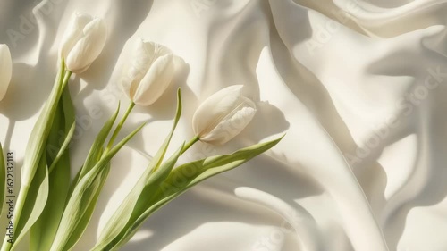 White tulip flower green leaf on soft cream fabric background natural light shadow delicate elegant smooth texture floral arrangement with peaceful mood and gentle shadows