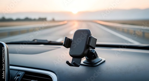 Navigating the open road with a mobile phone mount on the car dashboard during a beautiful sunset journey.