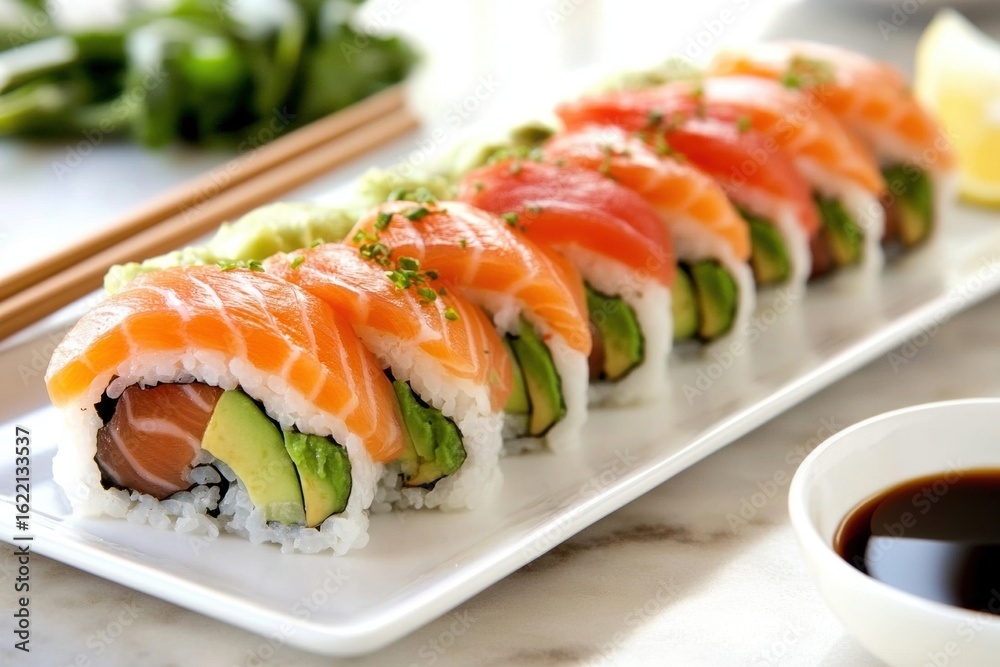 Sushi Rolls Presentation with Chopsticks, Soy Sauce, and Vegetables on - Rainbow Roll Sushi Rolls Presentation with Chopsticks, Soy Sauce, and Vegetables on - Rainbow Roll