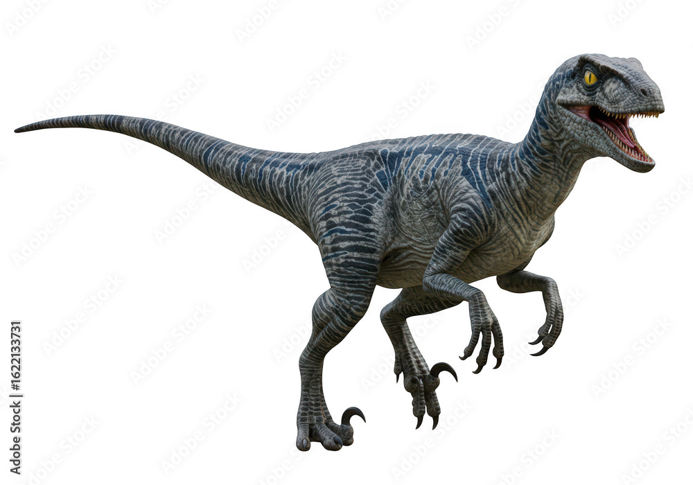 Fototapeta premium A blue and grey striped velociraptor dinosaur with sharp claws and teeth is shown in a dynamic pose on a transparent background