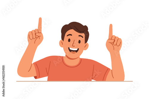 Cheerful young man with bright smile is enthusiastically pointing up with both fingers. He appears to be celebrating a joyful moment, possibly conveying excitement or success. Vector flat illustration