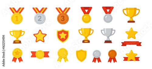 Set of gold medals and trophies, awards for first, second, and third places isolated on white background. Sports achievements and recognition for excellence. Vector flat illustration