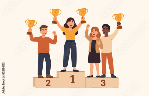 Four friends joyfully celebrate their achievements on a podium. Woman winner of competition stands on the top step holding a trophy. Vector flat illustration