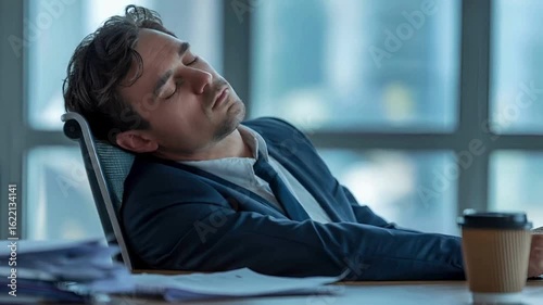 Exhausted Businessman Sleeping at Desk - Overworked and Tired