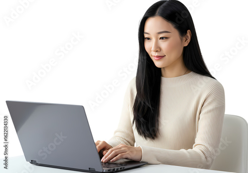Young Asian Woman Using Laptop, Focused Expression, Professional, Technology, Work From Home