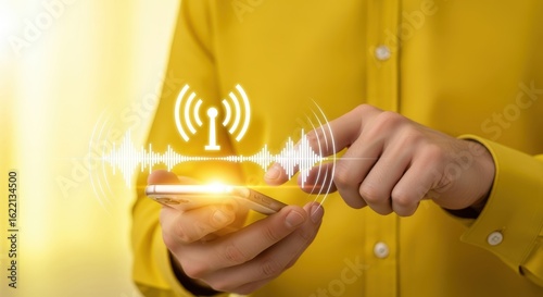 Man holding smartphone with glowing holographic hotspot above device.