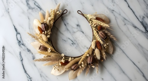 Dried floral wreath on marble background