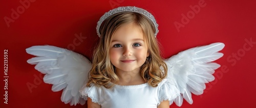 Cheerful young girl with blonde hair wearing angel wings, halo, Cute Little Dressed