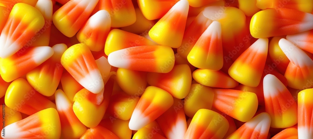 Close-up top-down view of colorful candy corn pile with textured Background Banner Close-up top-down view of colorful candy corn pile with textured Background Banner