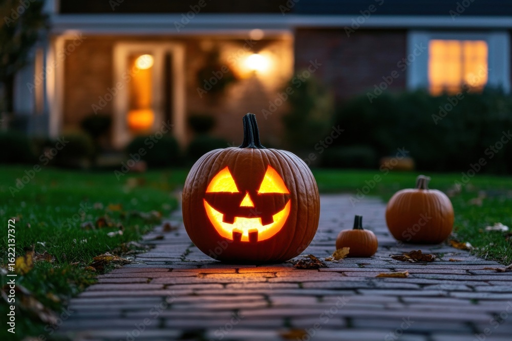 Fototapeta premium Jack-o-lantern pumpkin with glowing eyes on brick path in front Halloween Jack O' Lantern