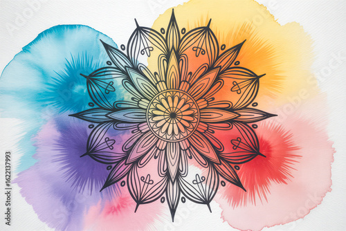 Colorful mandala with intricate floral design black outline