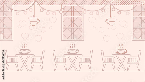 Illustration of a cafe interior with tables chairs and coffee cups in a cozy setting with windows