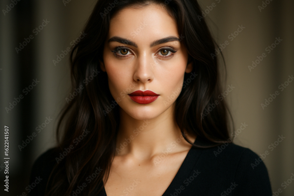 custom made wallpaper toronto digitalElegant Woman with Red Lips and Natural Look in One-Shoulder Black Top