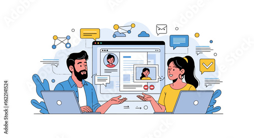 Vector illustration of online communication and virtual meeting concept. People with laptops collaborating remotely for business.