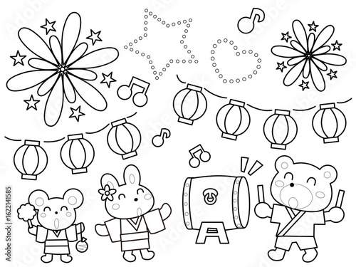 塗り絵・動物たちの夏祭り